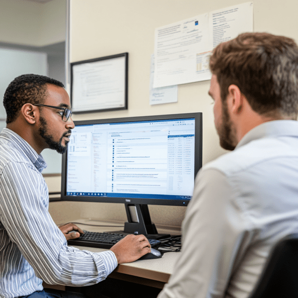 A recruiter analyzes the assessments of candidates on a computer in front of his colleague.