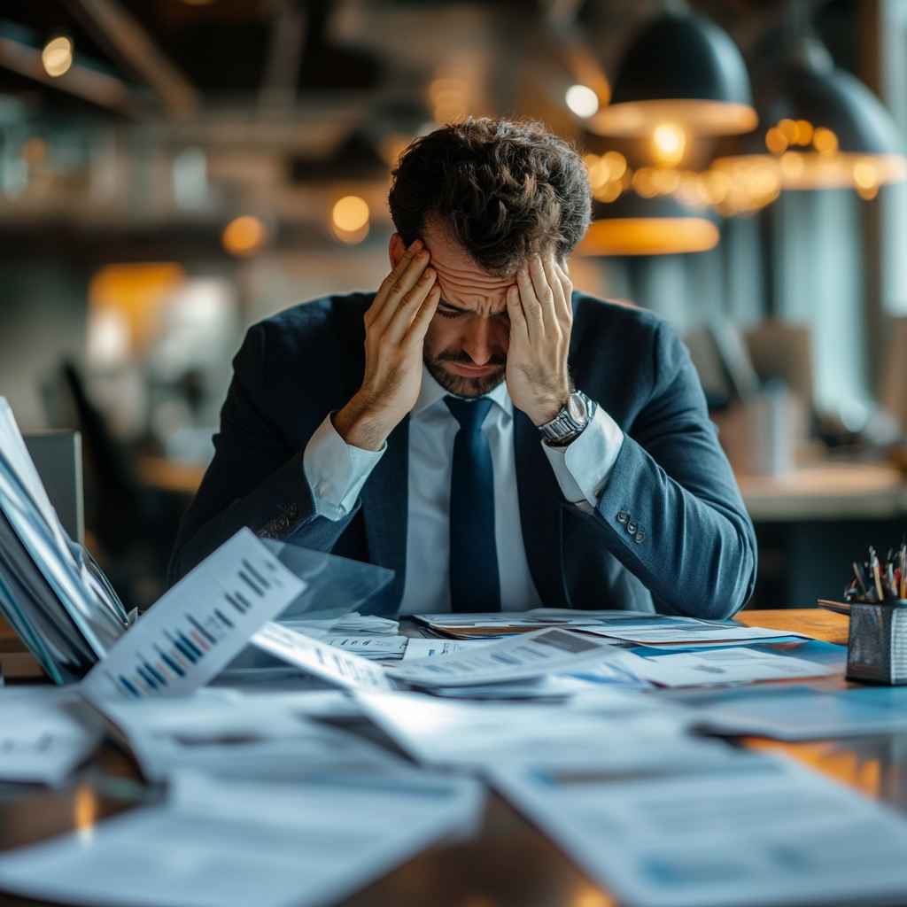 A frustrated CEO at a modern office.