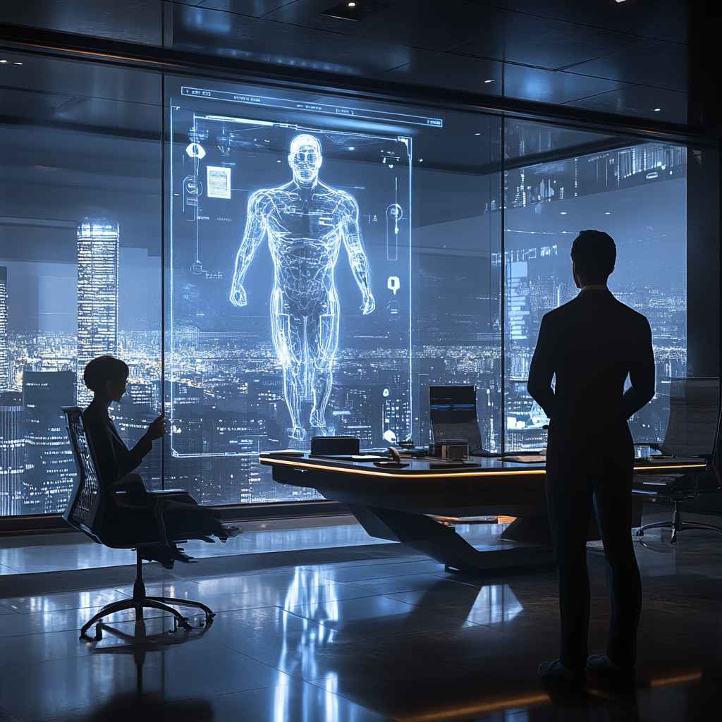 HR professionals are working in a futuristic office setting.