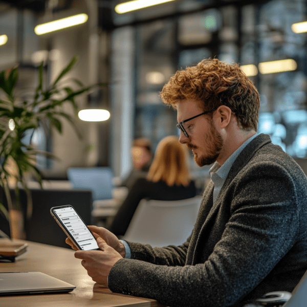 A photo of a recruiter sending an SMS to a candidate
