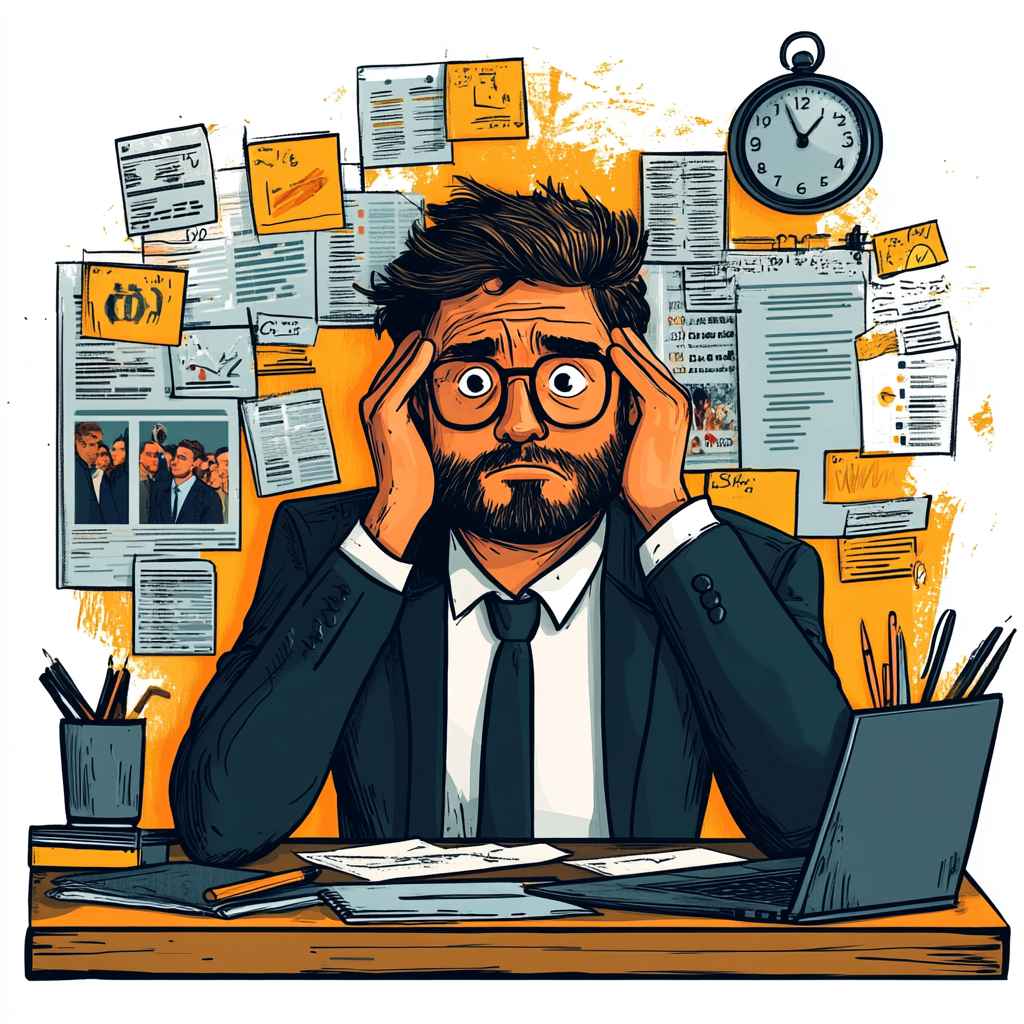 Hiring manager overwhelmed by the complexity of multiple job applications, symbolizing recruitment challenge.