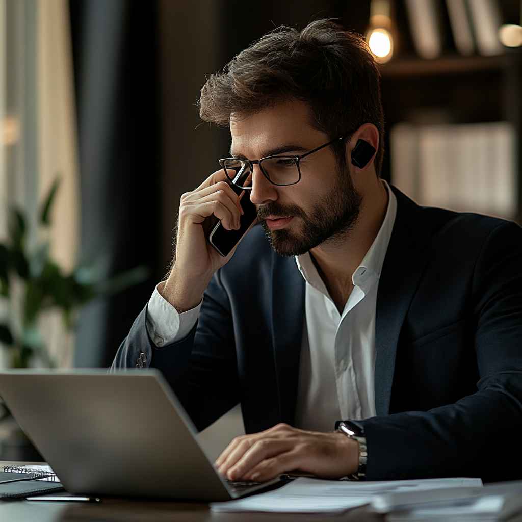 Professional making a job offer over the phone.