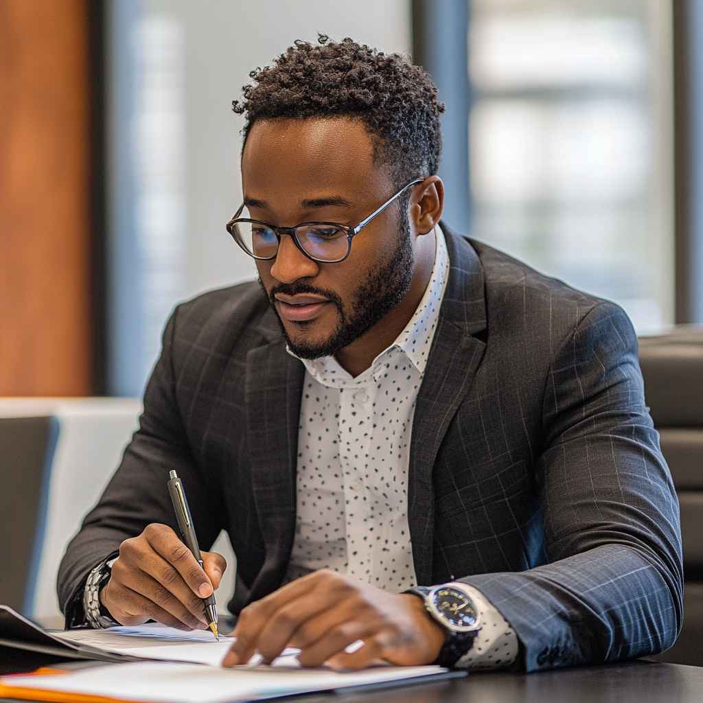 An HR professional is signing a formal job offer letter.