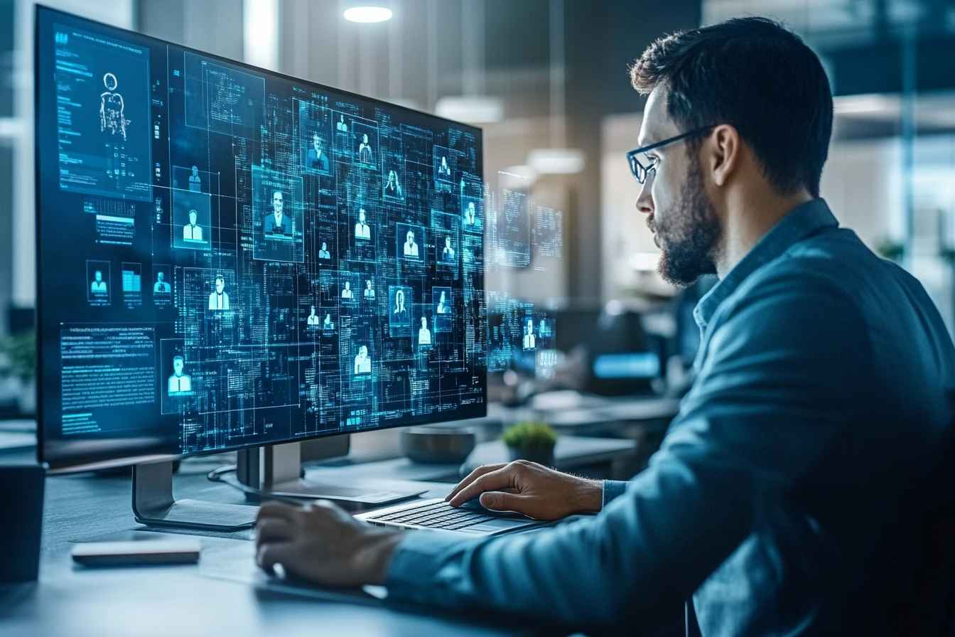 HR specialist using an automated hiring platform in a modern office.