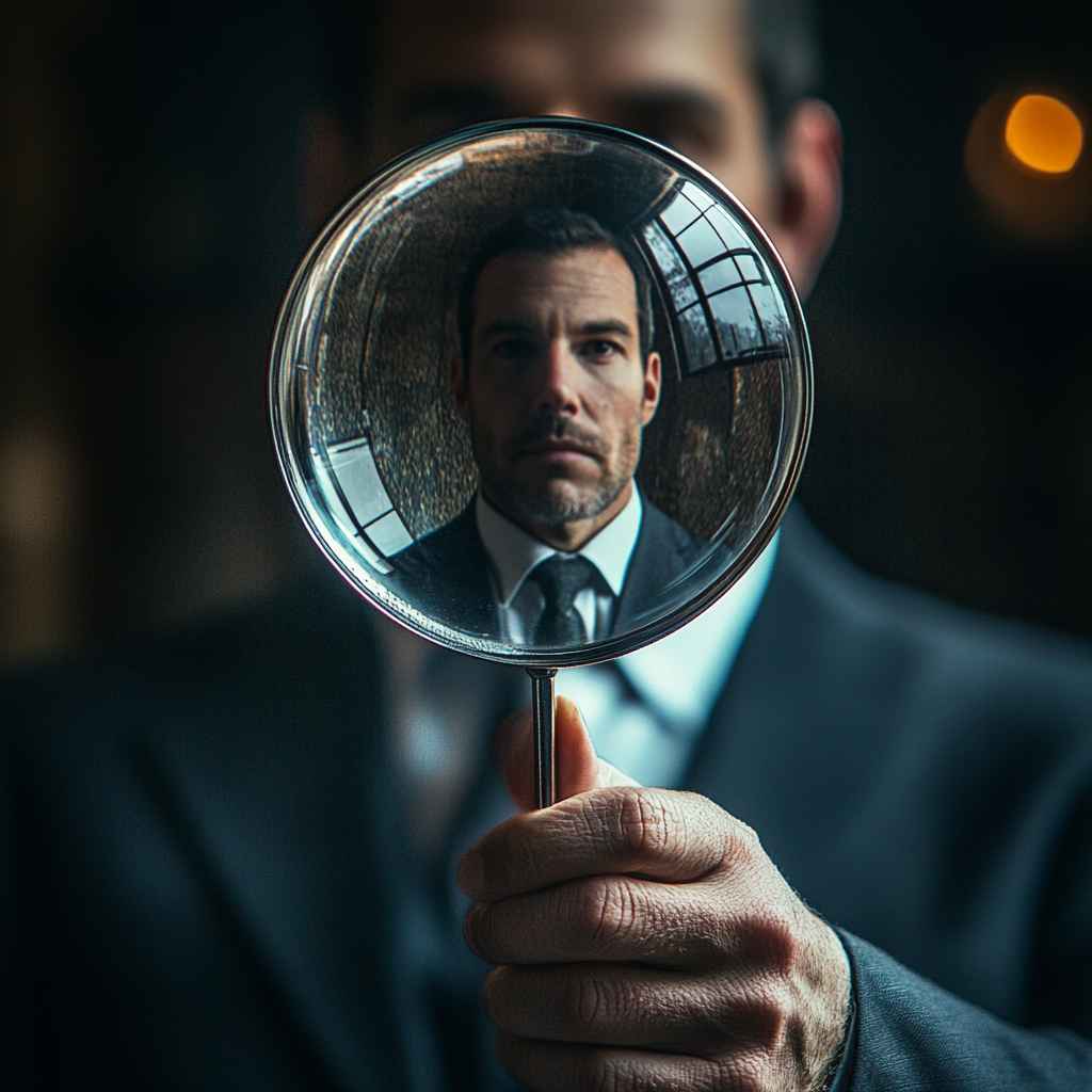 A professional's face transparently seen through a glass.