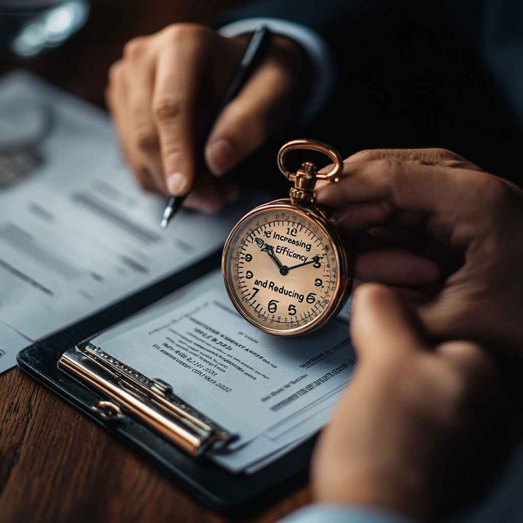 A thematic photo of a tiny watch and human hands, symbolizing efficiency and less costs