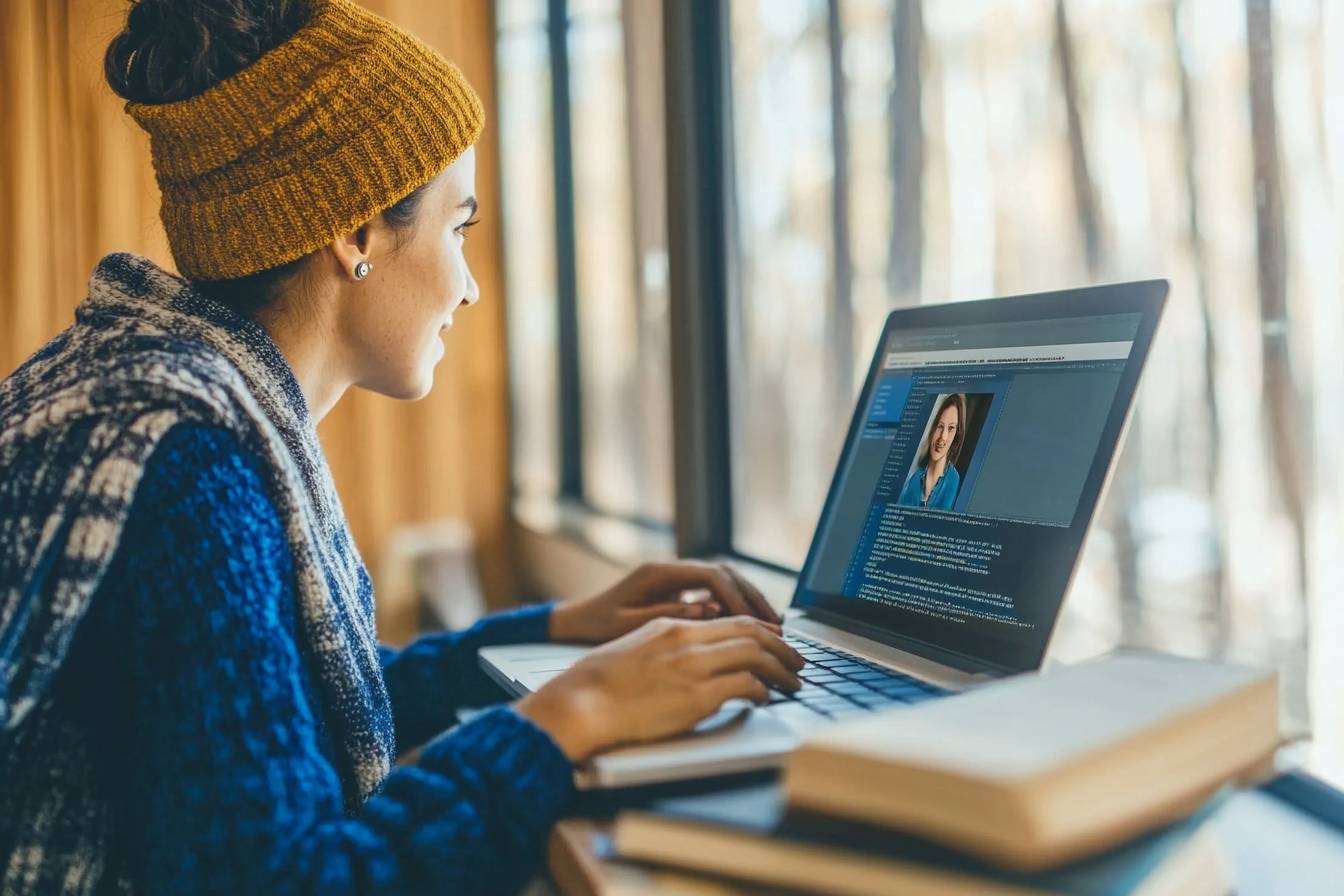 An HR professional is watching a one-way video interview of a candidate on a laptop.