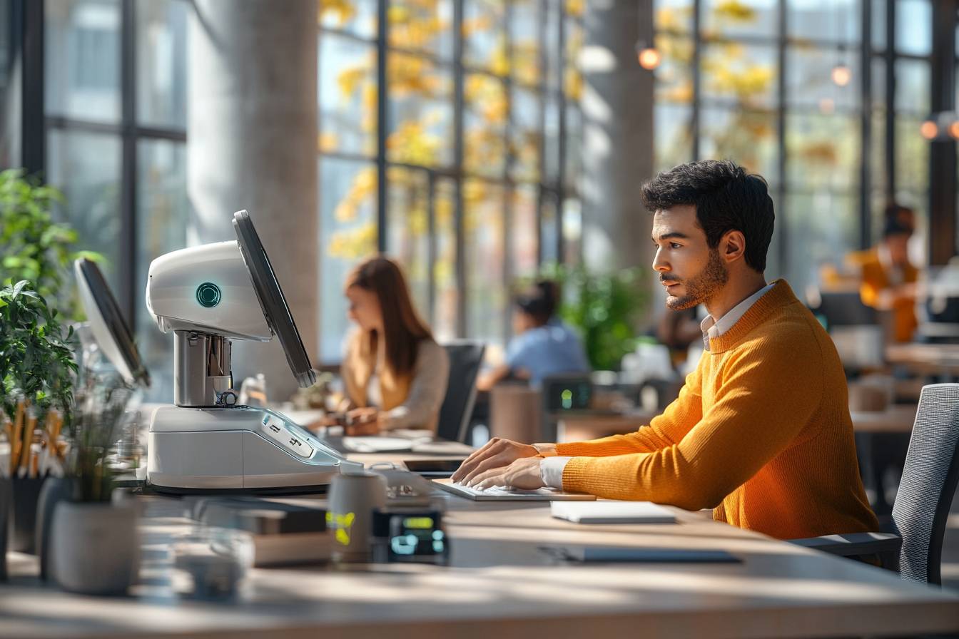 Futuristic depiction of the 2025 labor market featuring AI tools, automation, and diverse professionals in a modern workplace.