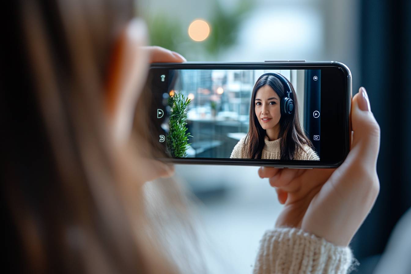 A candidate is answering one-way video interview questions on a phone screen.