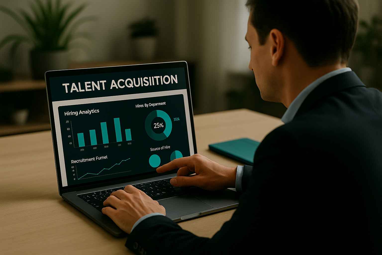 A recruiter studies a laptop screen showing analytics on recruitment funnel, source of hire, and departmental hiring—demonstrating Talent Acquisition for Business Success.