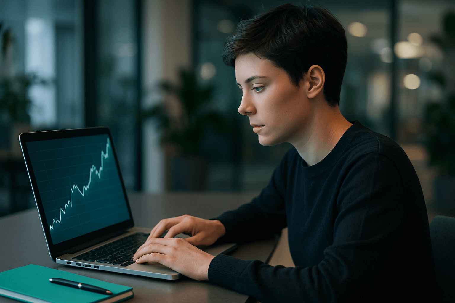 HR professional analyzing recruitment metrics and tenure-performance trends on a laptop.