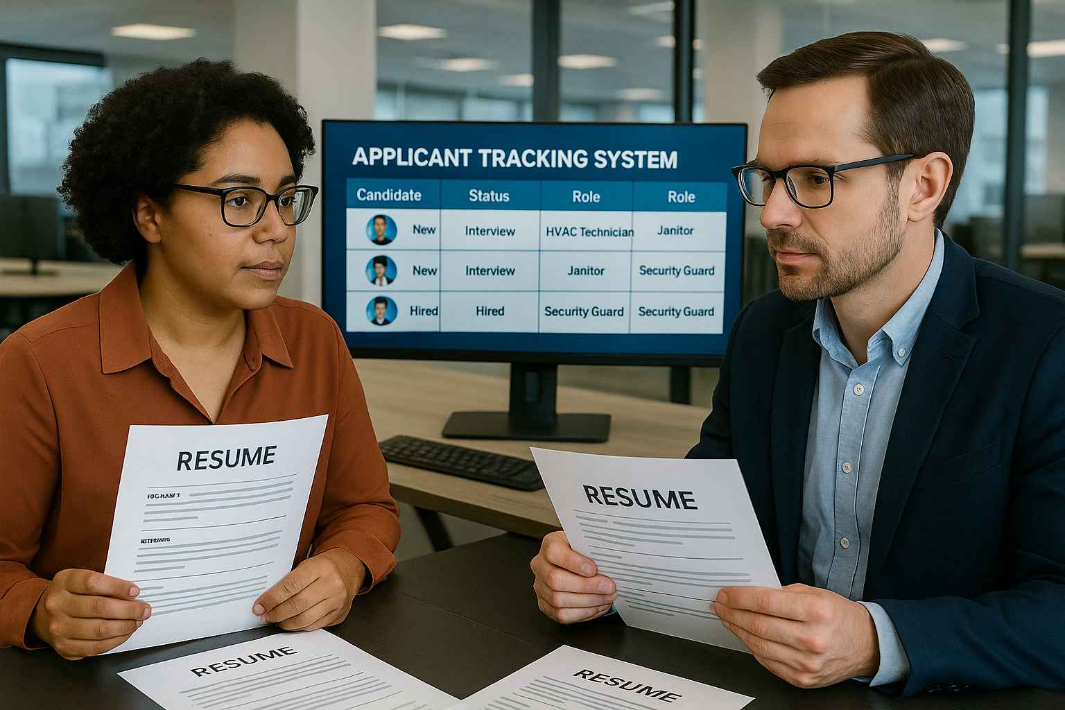 HR professionals reviewing resumes with an ATS dashboard showing applicant roles and hiring status in the background.