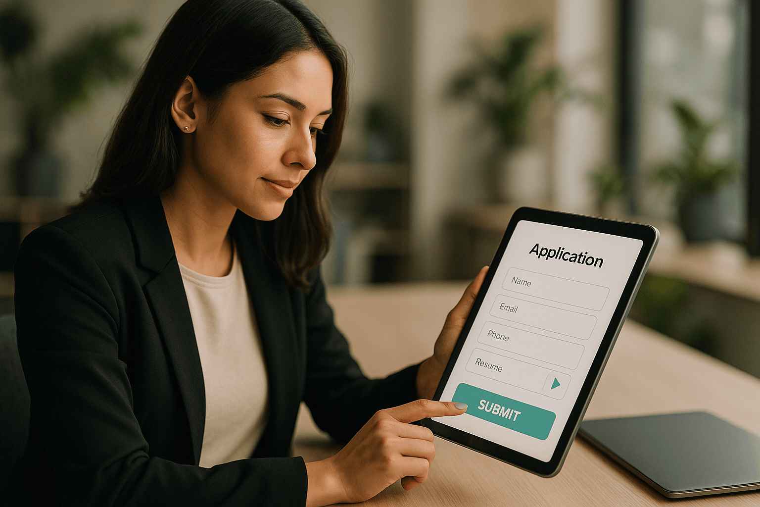 A professional woman submitting her job application through a mobile-optimized form—designed to reduce friction for Mobile-First Candidates.