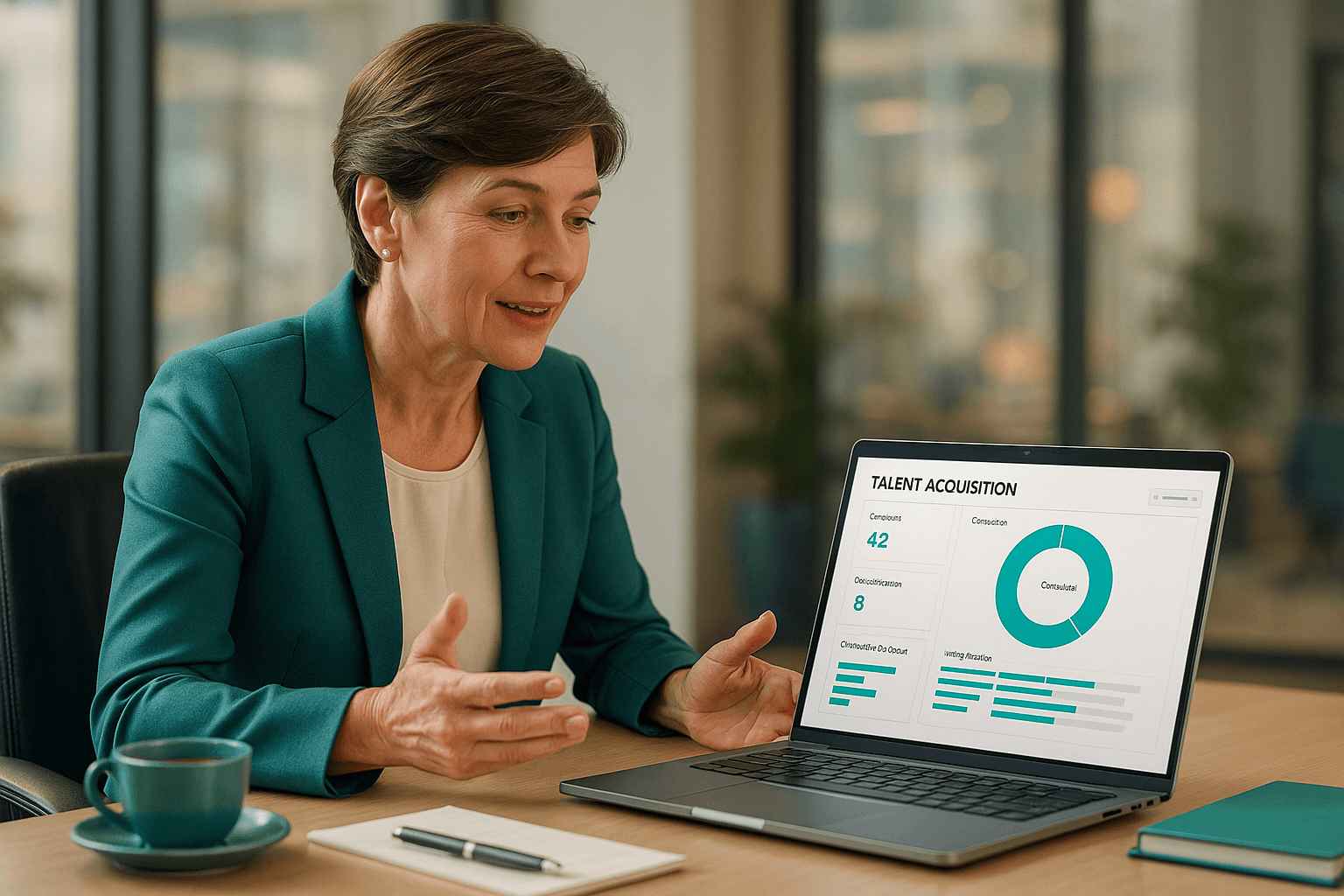 A businesswoman discussing recruitment data on a laptop showing talent acquisition analytics, representing leadership insights for Talent Acquisition CEOs.