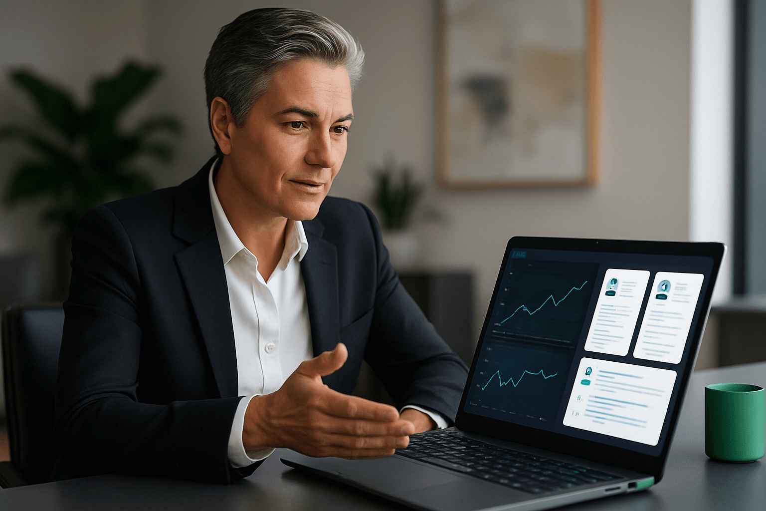 CEO evaluating hiring data on a video call to stay engaged in talent acquisition decisions.