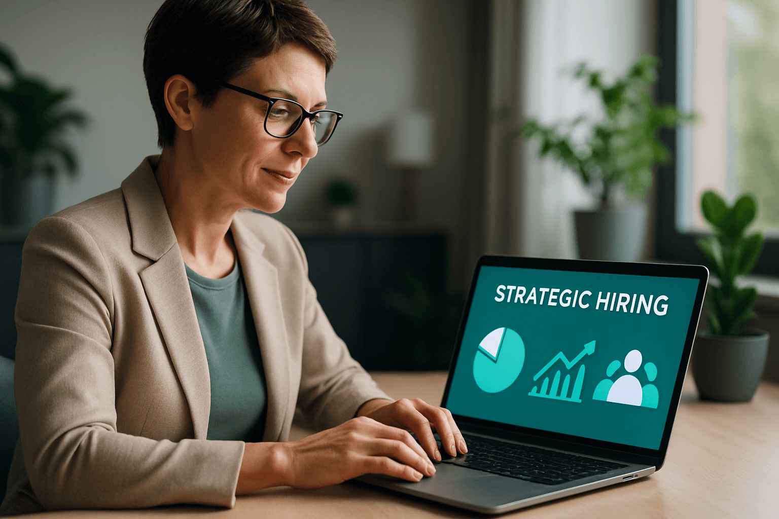 HR professional analyzing hiring statistics on a tablet in a home office