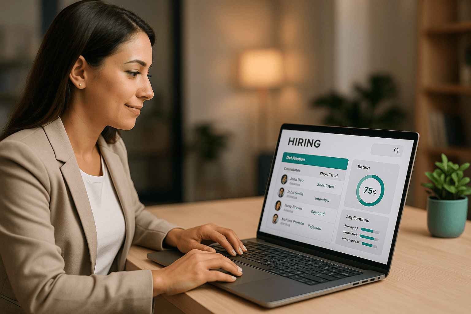 A female looking at the hiring dashboard on laptop screen.