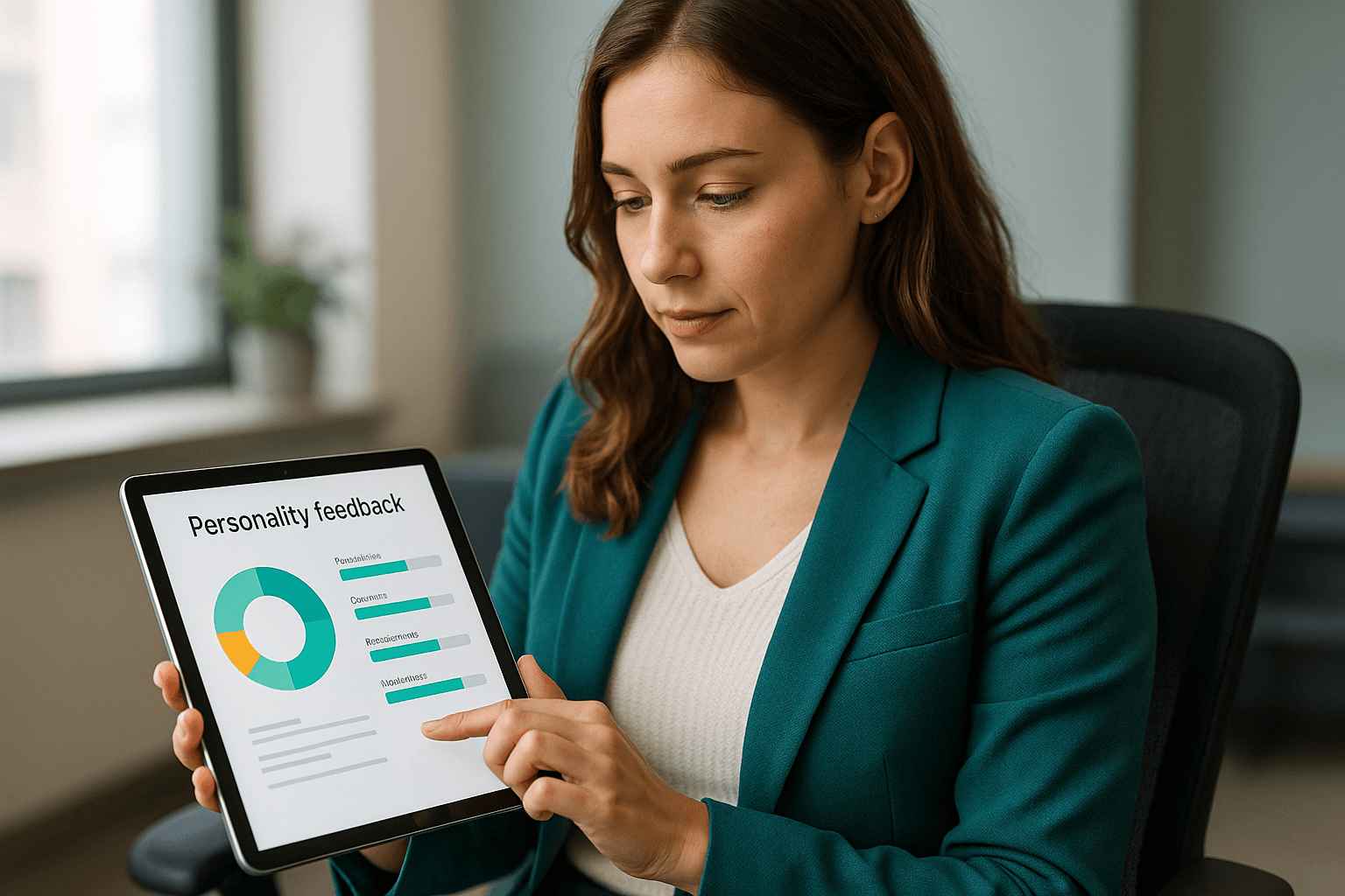 A female showing personality feedback on tablet screen.