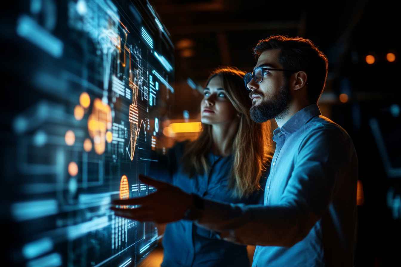 Applicant Tracking System for Different Industries 2 Two professionals view a holographic roadmap showing talent strategies, AI trends, and future skill needs in a futuristic workspace.