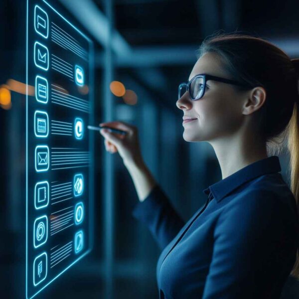 A hiring manager interacts with a digital checklist evaluating communication, skills, and cultural fit.
