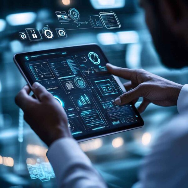 A professional reviews categorized interview questions on a digital tablet, surrounded by icons for role-based competencies.
