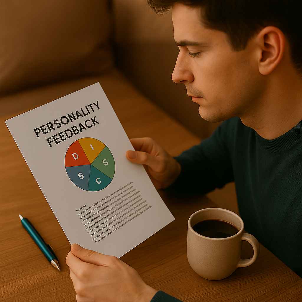 A male checking personality feedback on printing paper.