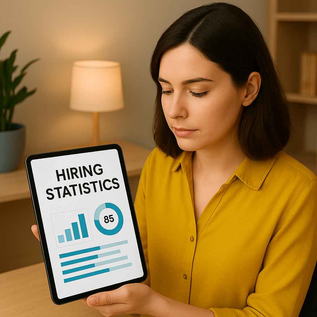 Talent acquisition specialist examining recruitment data on a laptop