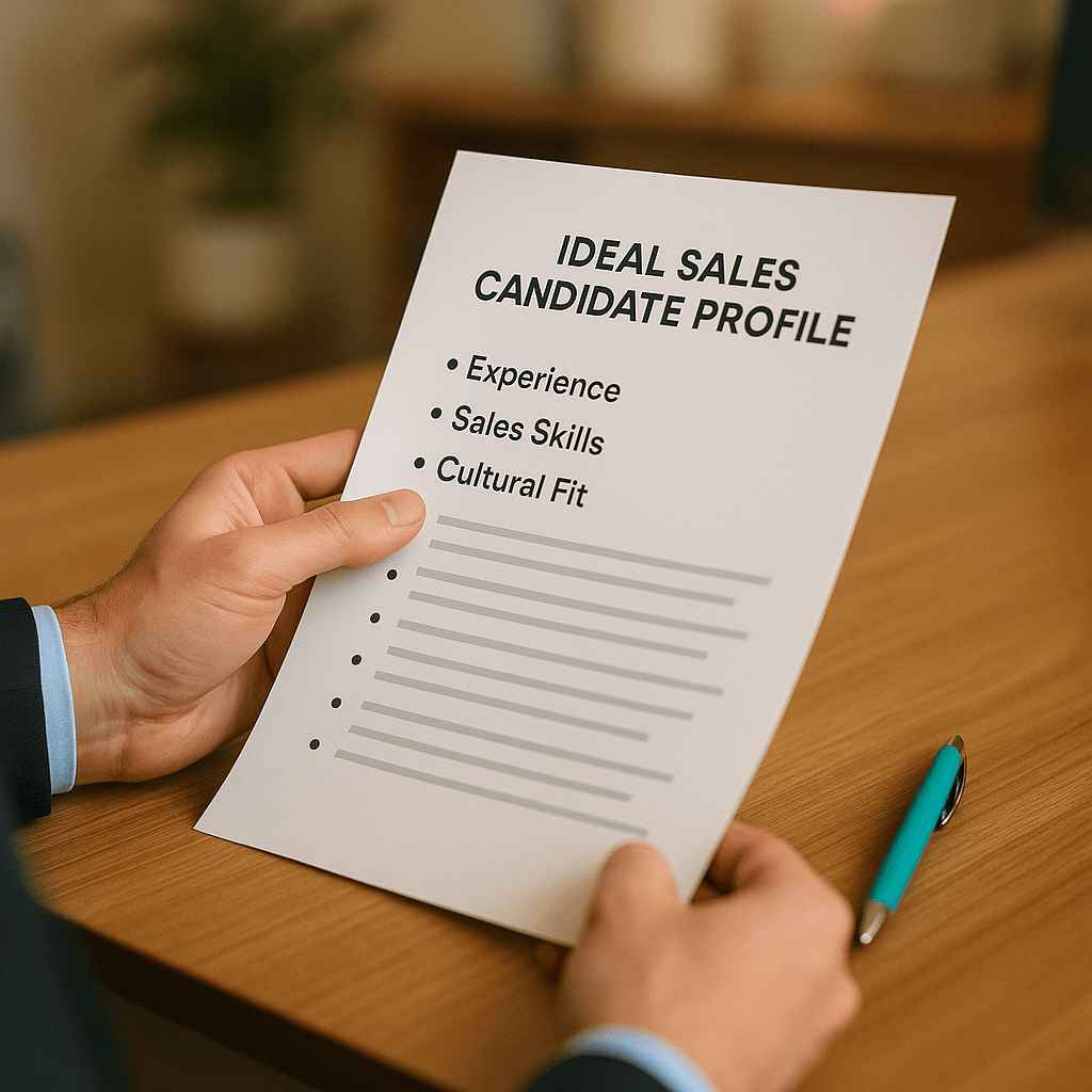 A hiring manager reviewing a printed ideal sales candidate profile that outlines experience, sales skills, and cultural fit, a key step in structured Sales Recruitment.