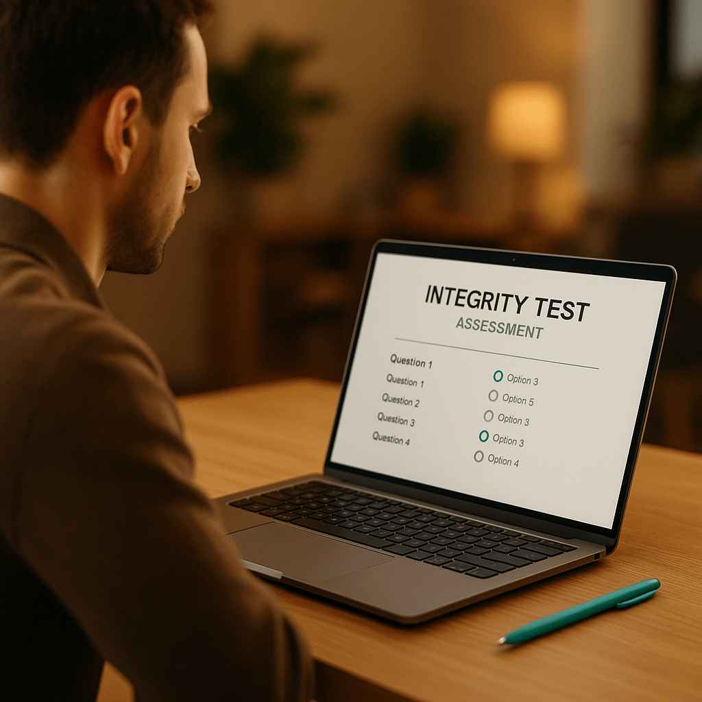 A recruiter conducting an integrity assessment on a laptop to streamline the screening process for Mobile-First Candidates.