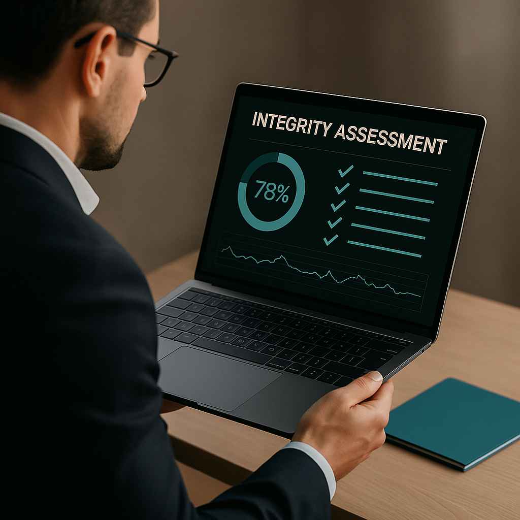 Integrity testing results displayed on a laptop, showing a candidate’s integrity score and risk analysis chart.