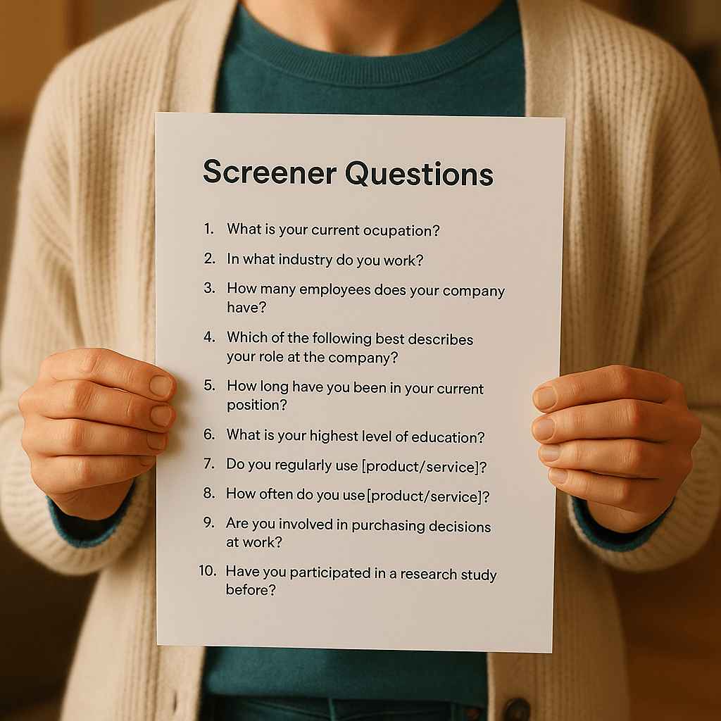 Candidate holding a printed page listing structured screener questions for a job application.