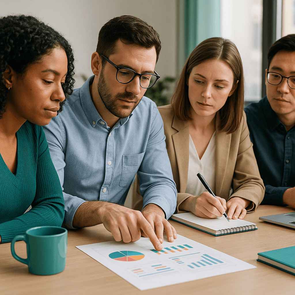 Recruitment team discussing job tenure and performance data during a strategy meeting.