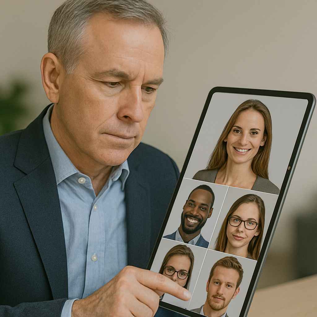 Executive reviewing candidate profiles digitally to ensure cultural fit and strategic alignment.