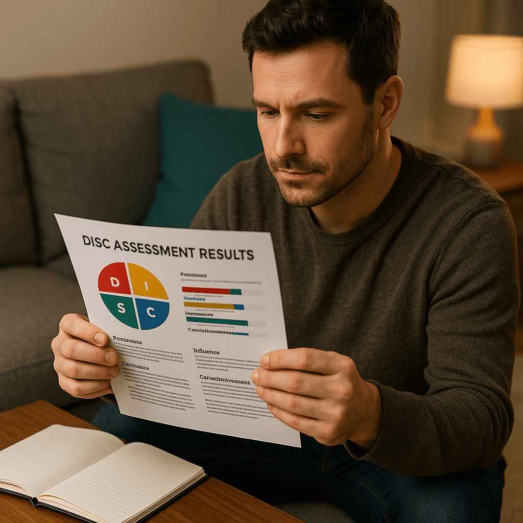 Employee reviewing printed DISC assessment results to track personal development progress.