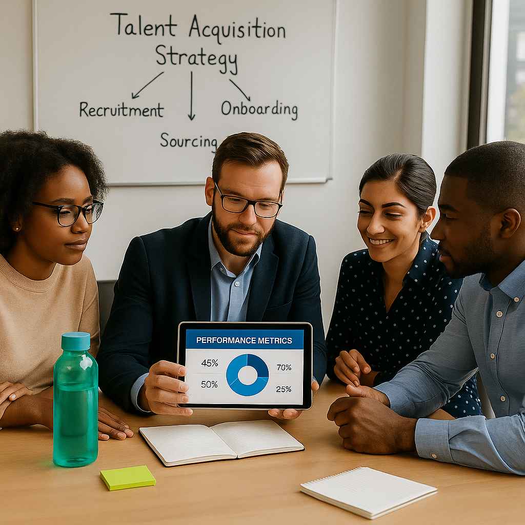 A diverse team reviews performance metrics and talent acquisition strategy, highlighting how recruitment and onboarding drive business success.