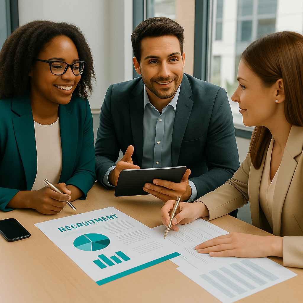 Three executives in a talent meeting analyzing recruitment performance charts, illustrating strategic planning among Talent Acquisition for CEOs.