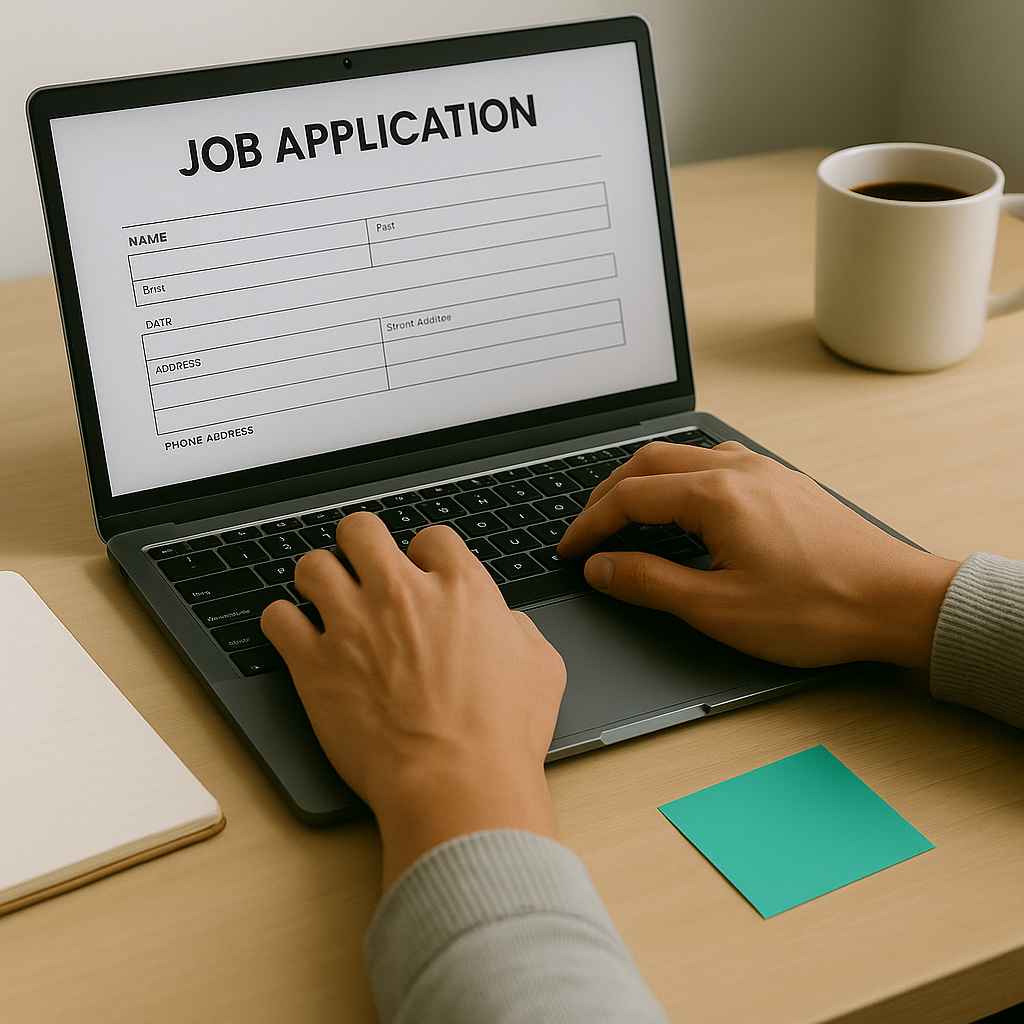 Hands typing contact information into a formal job application system on a laptop.