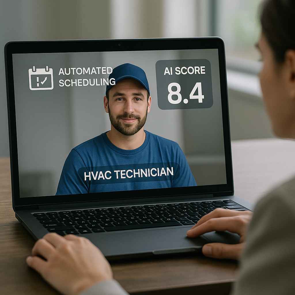 Hiring manager evaluating HVAC technician via virtual interview with AI score and automated scheduling features on screen.