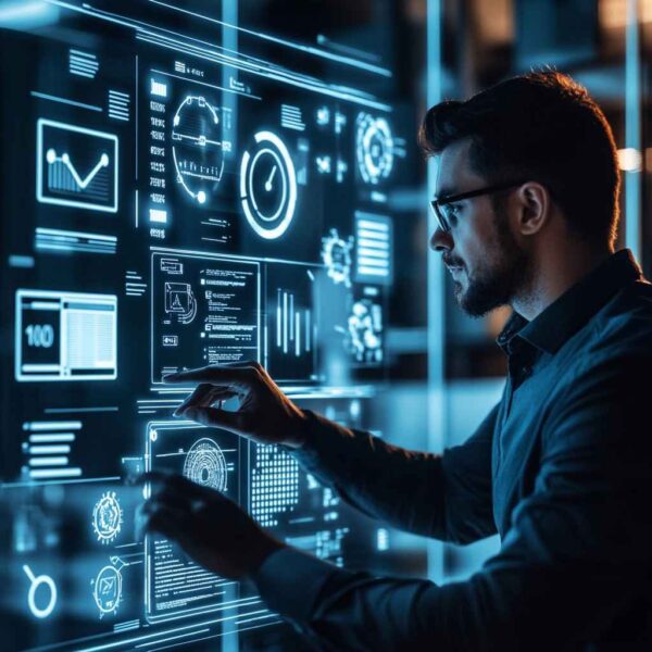 A recruiter reviews a digital dashboard showing resume automation, messaging, and scheduling tools, emphasizing time-saving features.