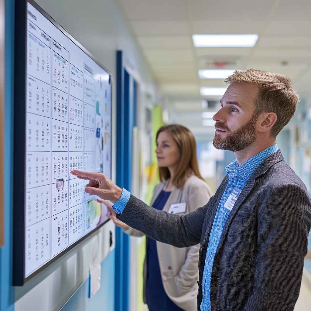 NHS manager scheduling healthcare interviews with a digital calendar.