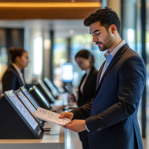 Finance job candidate filling onboarding forms at front desk