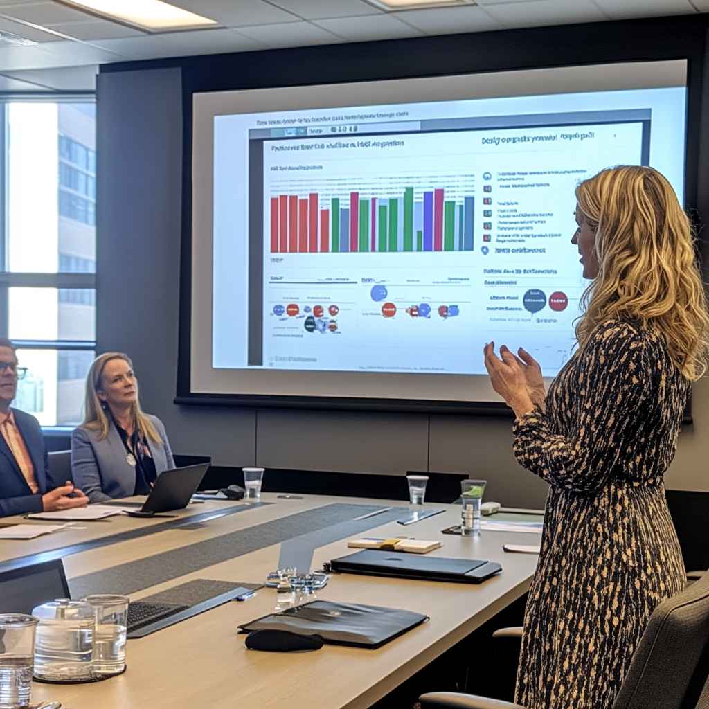Public sector HR director presenting hiring performance metrics to executives.