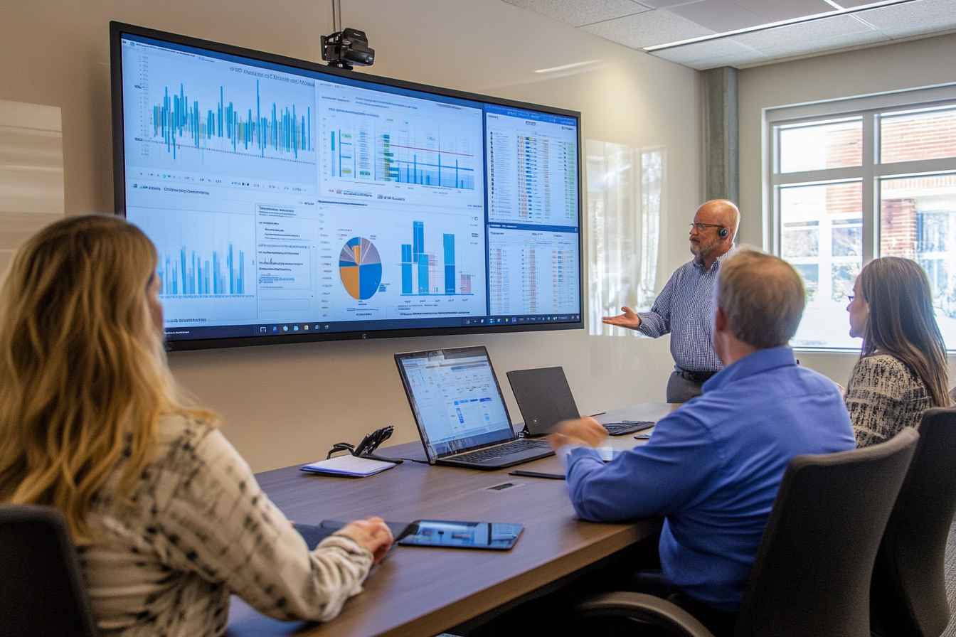 Recruitment team discussing hiring progress around a digital dashboard.