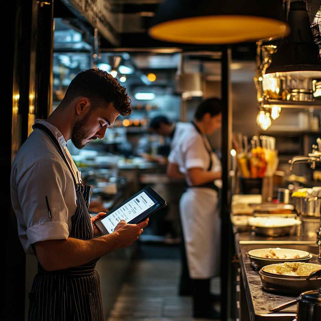 Restaurant manager scheduling staff interviews on a tablet near the kitchen.