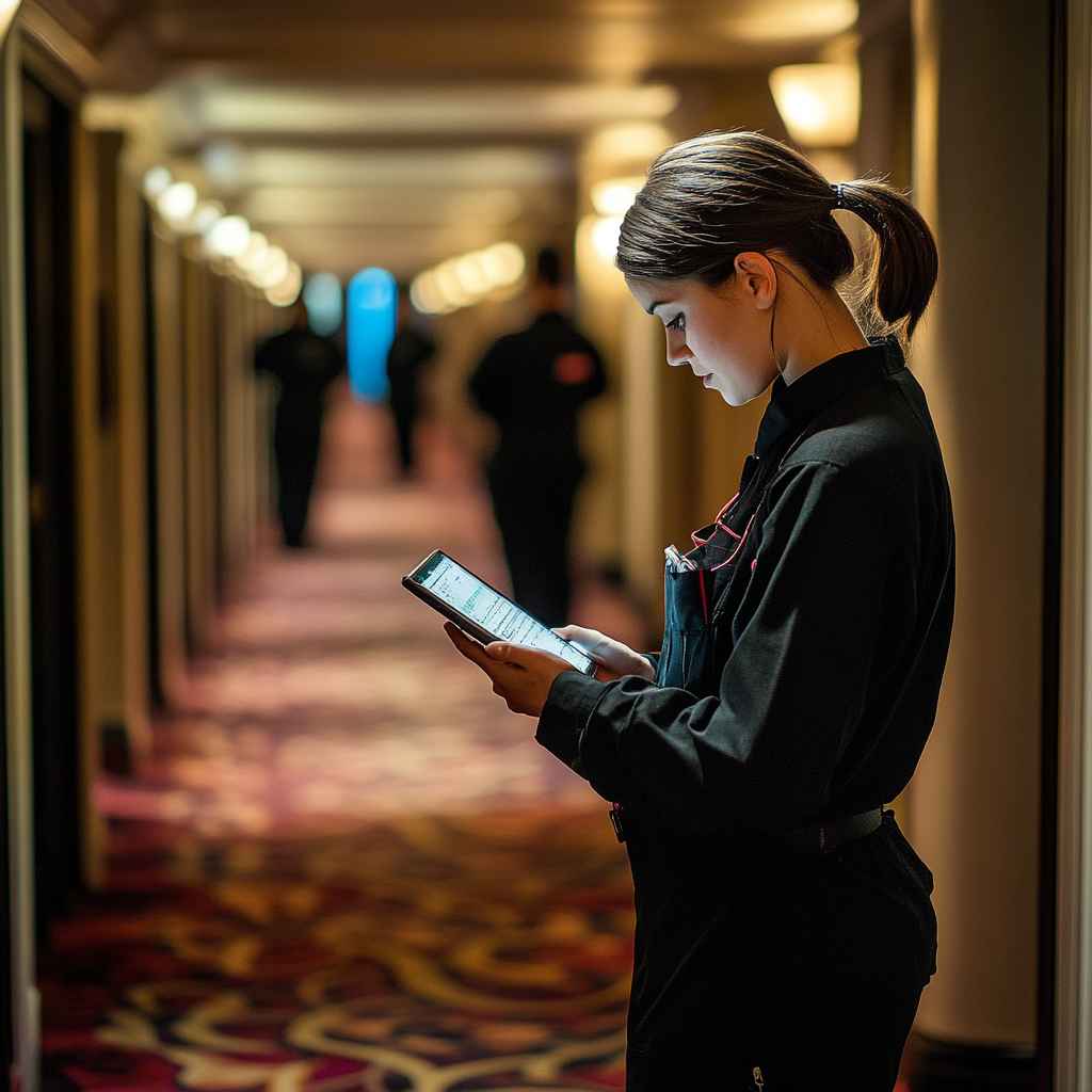 Housekeeping supervisor checking shift schedules on a mobile device.