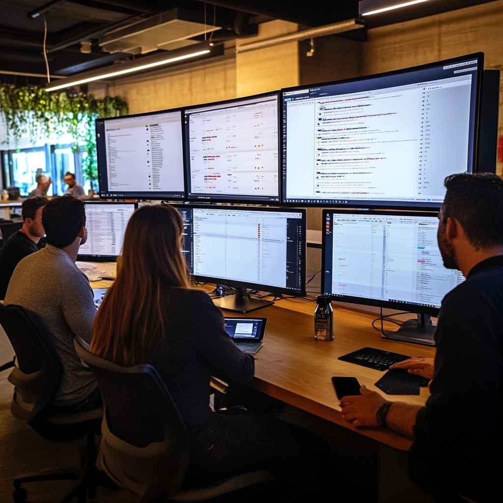 Recruitment team managing job orders and candidate pipelines using cloud-based ATS in collaborative office space.
