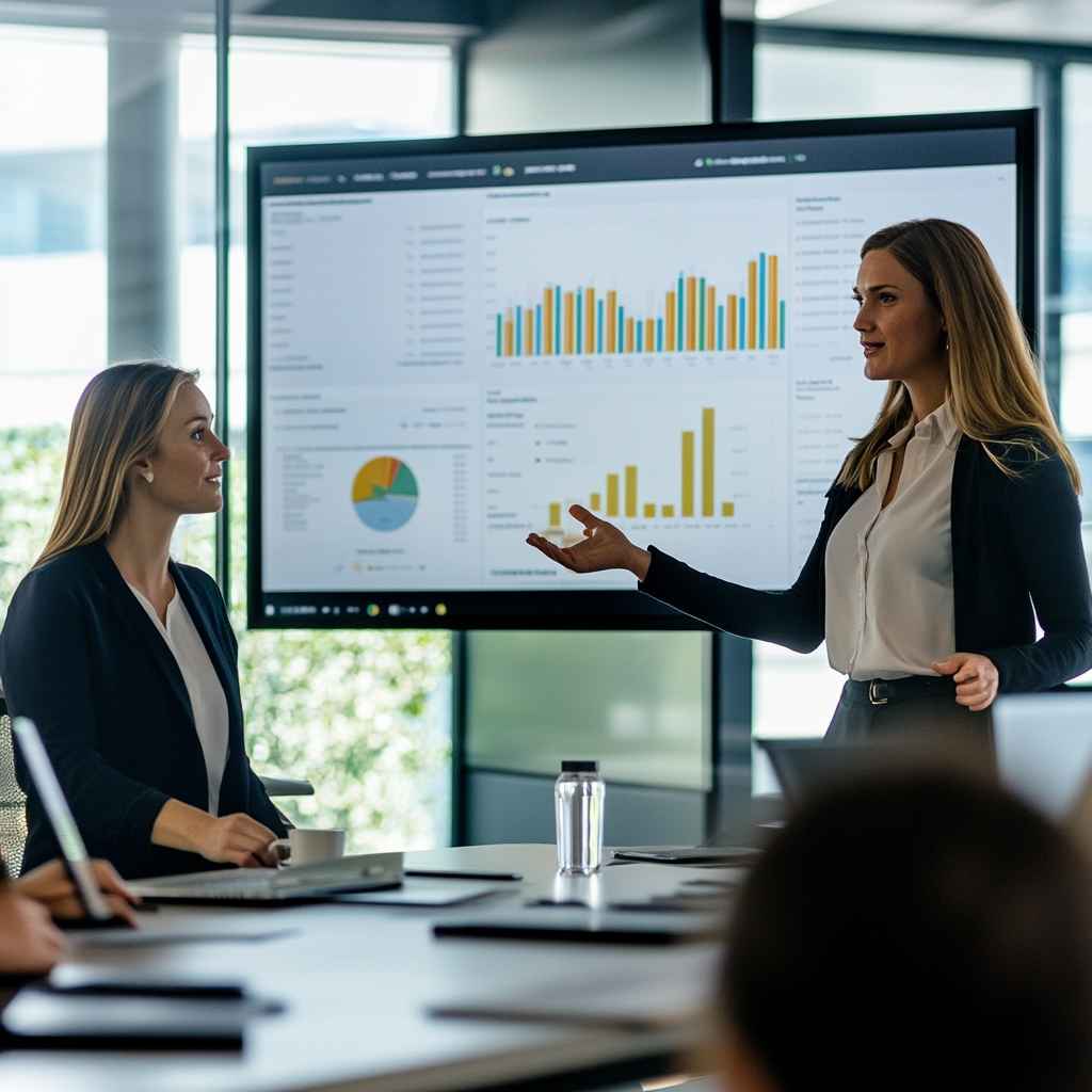 Recruitment manager presenting hiring performance data to her agency team on a screen.