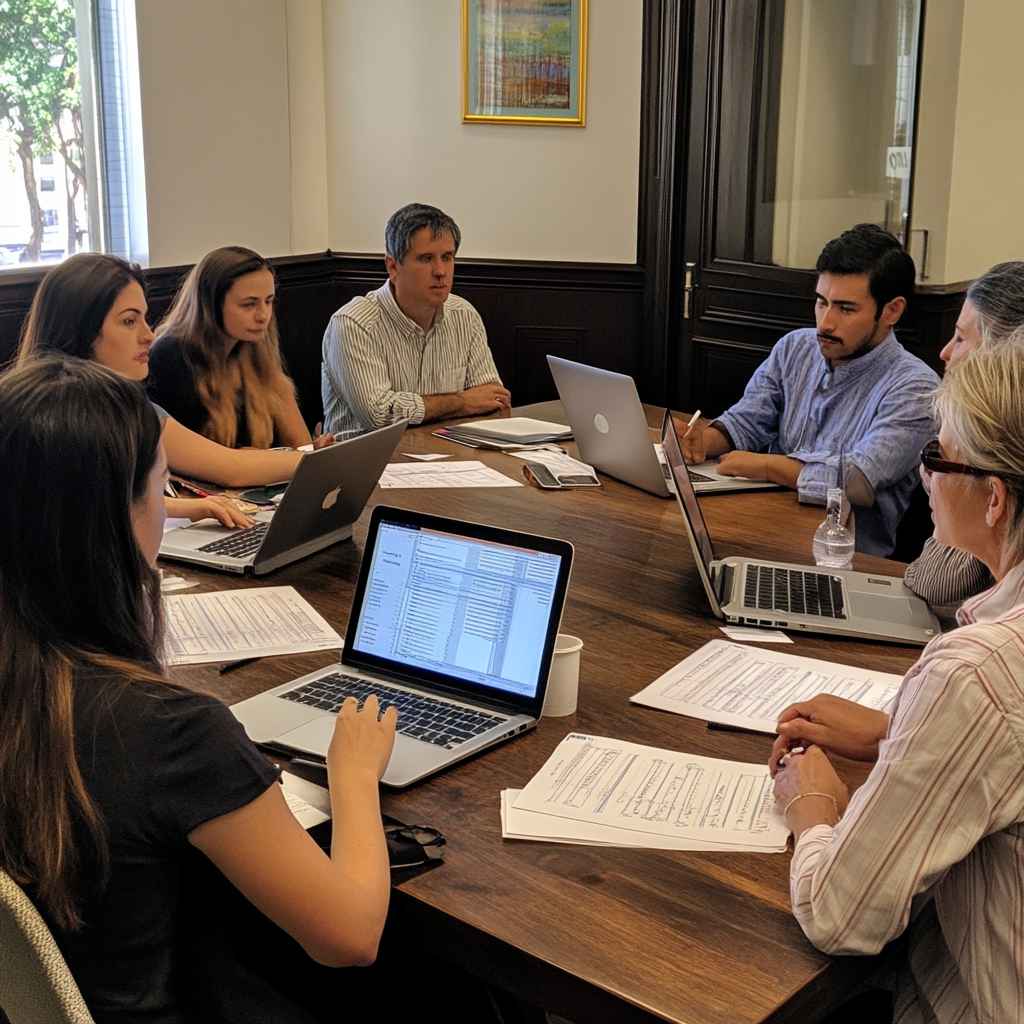 Research hiring committee evaluating candidates during a recruitment meeting.