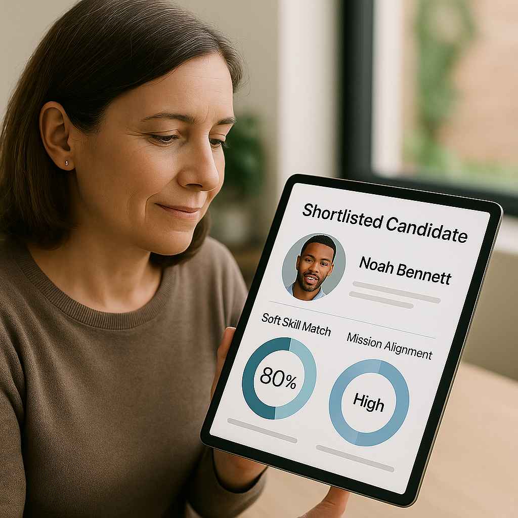 A nonprofit hiring manager holds a tablet showing a shortlisted candidate profile with soft skill and mission alignment scores, powered by an ATS for nonprofits hiring.
