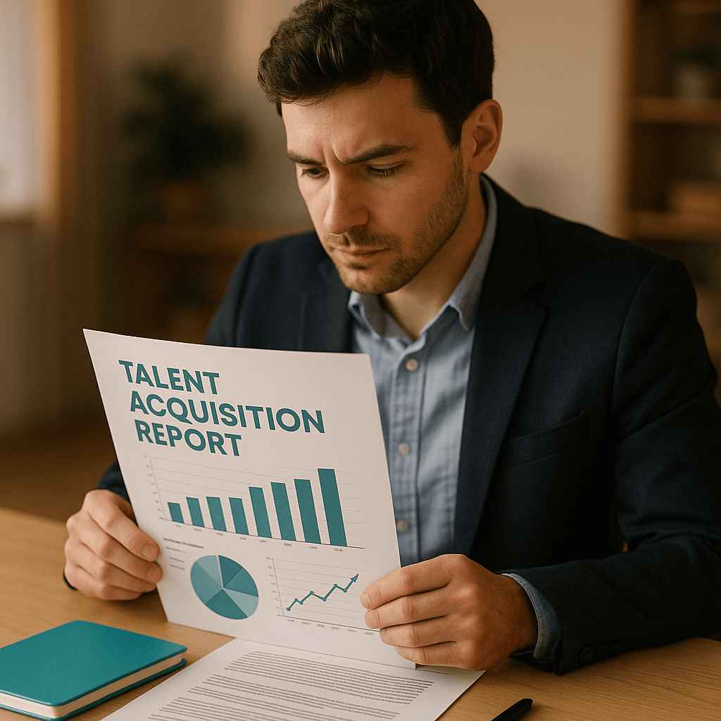 A CEO reviewing a printed talent acquisition report with bar and pie charts, symbolizing data-driven decisions in Talent Acquisition CEOs strategy.